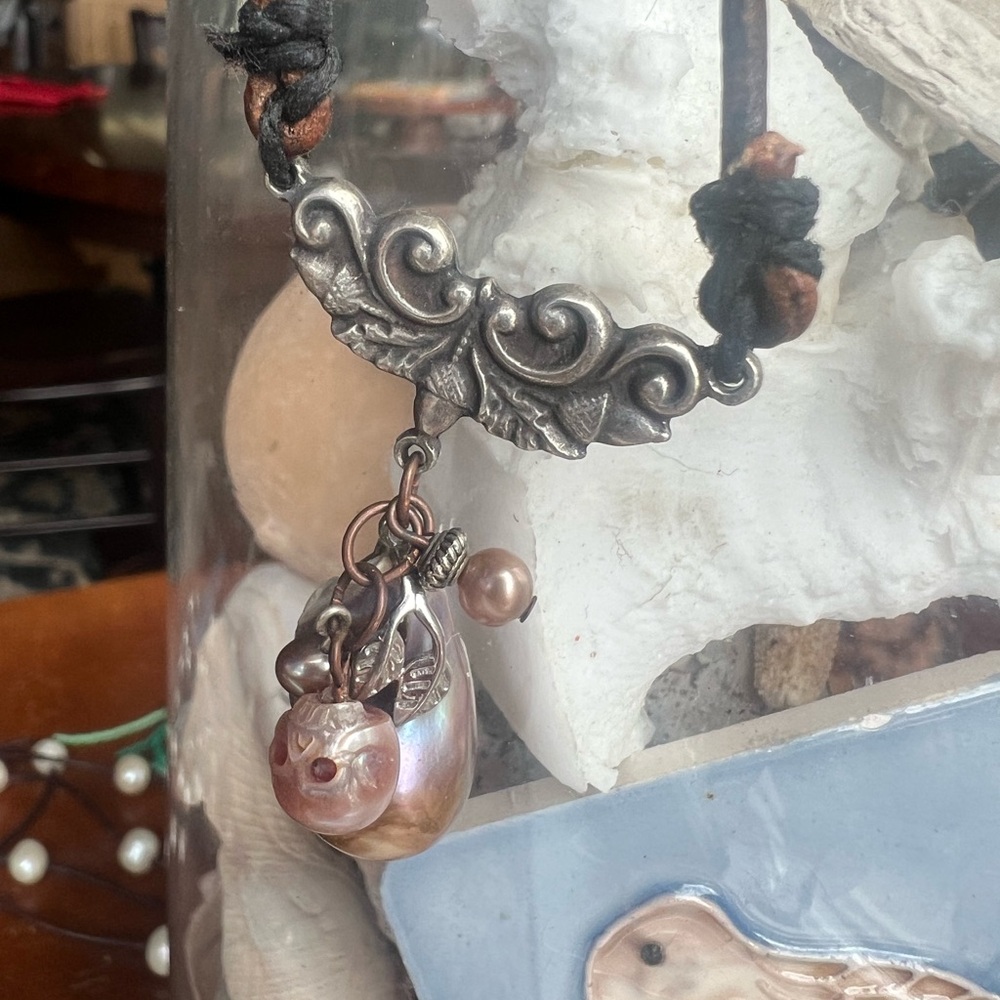 natural barque Pearl with carved pearl face Necklace